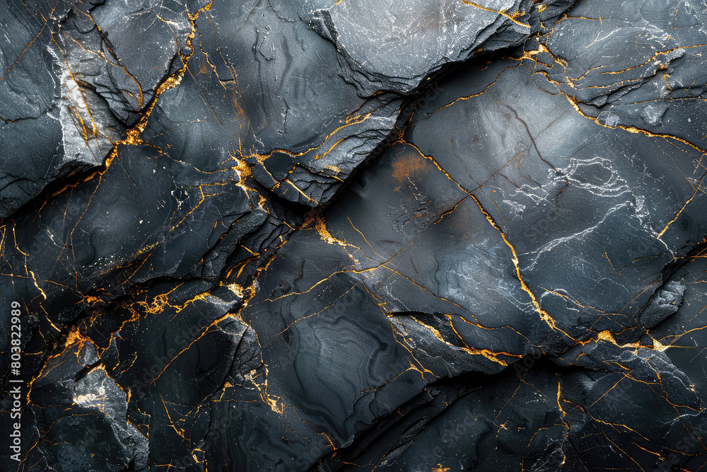 Back marble background with golden veins, textured rock surface, top view. High resolution photography. Created with Ai