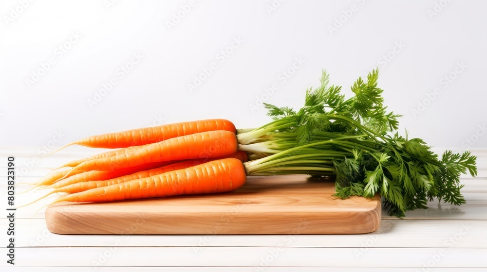 Bunch of fresh carrots with green leaves on wooden board over white background Bunch of fresh carrots with green leaves on wooden board over white background
