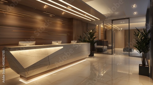Sleek and luxurious reception desk dominates the modern interior design of this office lobby
