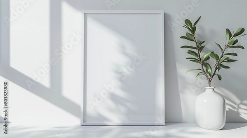 A framed minimalist white poster mockup style and plant in pot  white wall background.