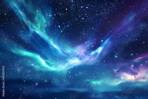 Atmospheric stock image of the Northern Lights Aurora Borealis with a backdrop of a starfilled galaxy, symbolizing the Earths connection to the cosmos