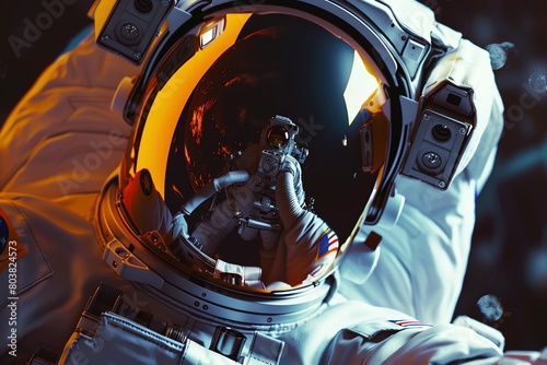 Highdefinition stock image of a spacewalk, astronaut tethered to a spacecraft with Earth reflecting off the visor, symbolizing exploration