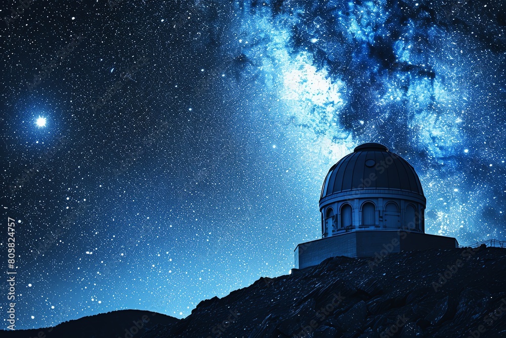 Highquality stock image of a space observatory under the starlit sky, dome open, telescope peering into the cosmos, symbol of human curiosity Highquality stock image of a space observatory under the starlit sky, dome open, telescope peering into the cosmos, symbol of human curiosity