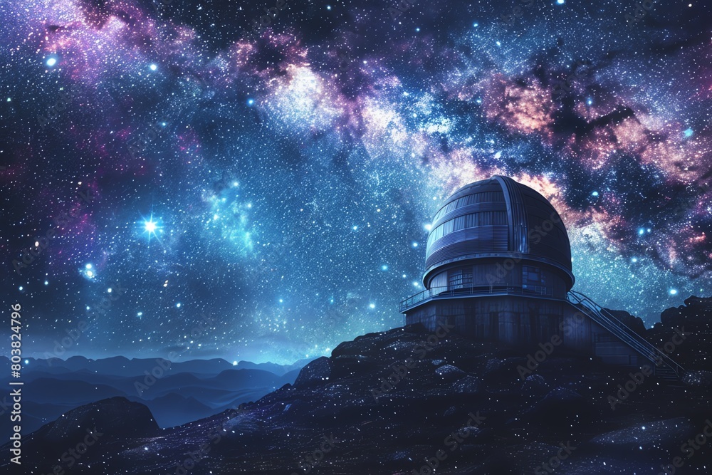Highquality stock image of a space observatory under the starlit sky, dome open, telescope peering into the cosmos, symbol of human curiosity Highquality stock image of a space observatory under the starlit sky, dome open, telescope peering into the cosmos, symbol of human curiosity