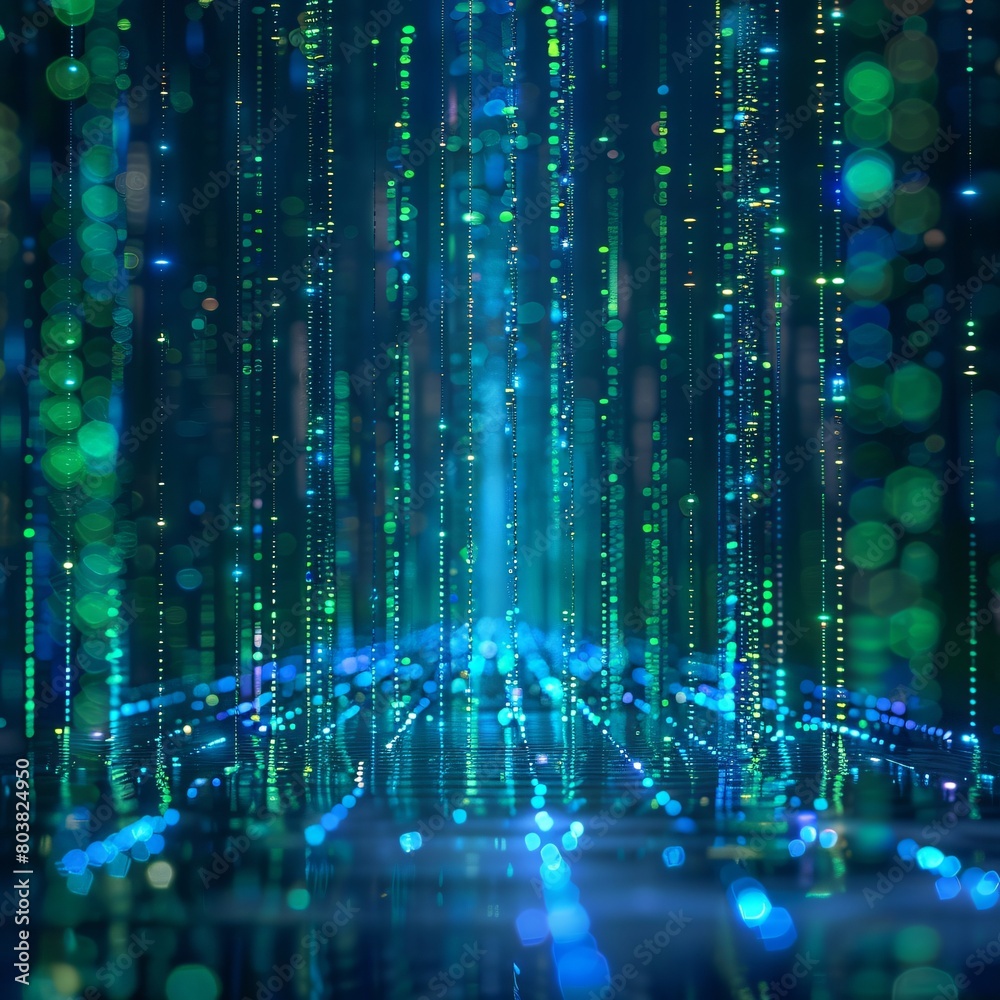 3D Visualization of Digital Data Streams in Blue and Green 3D Visualization of Digital Data Streams in Blue and Green