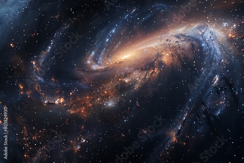 Highquality stock image of a galaxy collision, with billions of stars intertwining, showcasing the dynamic universe photo