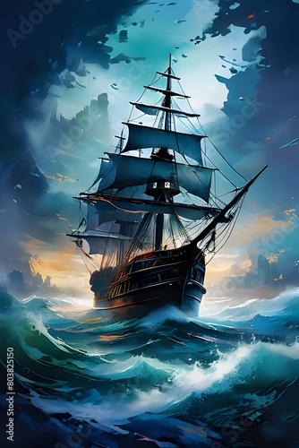 pirate ship enveloped in a mysterious ambiance of the sea. 