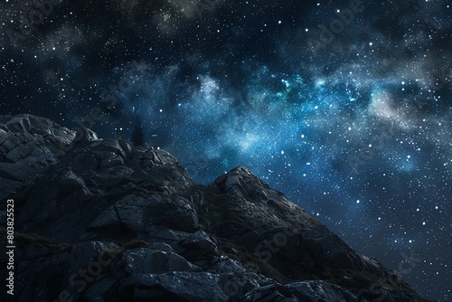 Serene stock photo of a clear night sky viewed from atop a mountain, with the galaxys core visible, emphasizing tranquility and exploration