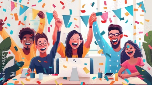 Animated scene of diverse office workers celebrating a success with confetti in a colorful and joyful office environment.