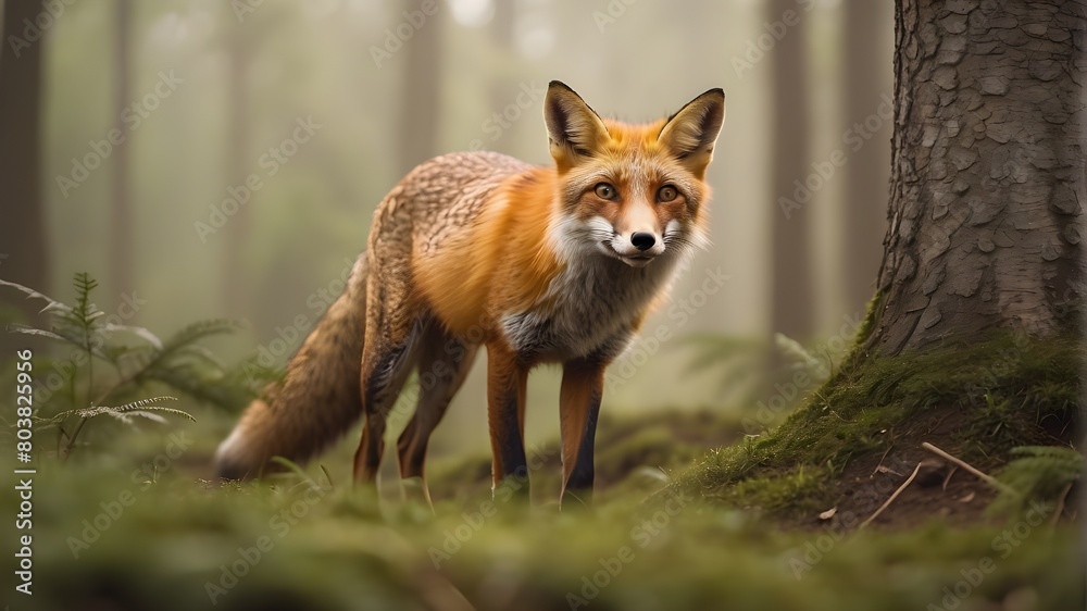 fox stalking its prey in a thick, hazy forest in a close-up stock shot that highlights its vigilant faces,