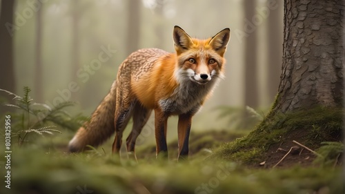 fox stalking its prey in a thick, hazy forest in a close-up stock shot that highlights its vigilant faces, © Waqasiii_Arts 