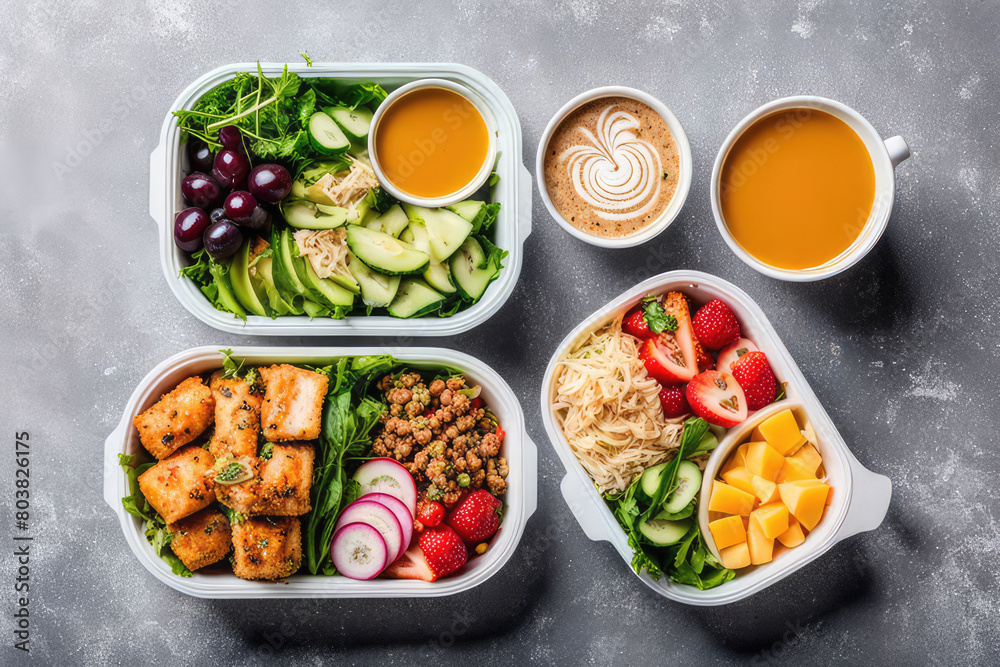 Healthy take away food and drinks in disposable eco friendly paper containers on gray background, top view. Fresh salad, soup, poke bowl, buddha bowl, fruits, coffee and juice.