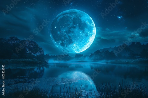Stock photo of a rare blue supermoon, larger and brighter, illuminating the night sky and casting a surreal glow over a tranquil landscape photo