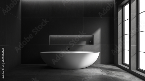 A monochromatic bathroom with a freestanding bathtub against a backdrop of matte black tiles and minimalist fixtures.