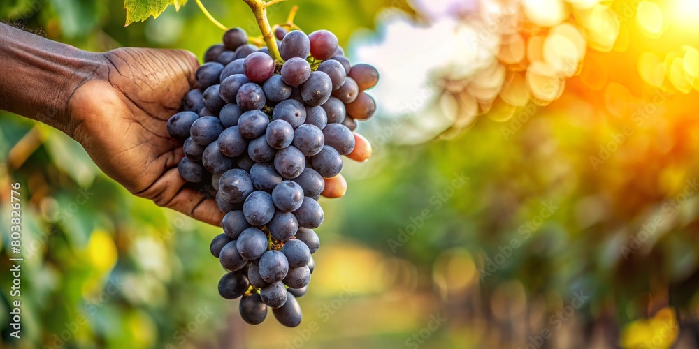 Obraz premium close-up of a hand holding ripe grapes on a branch