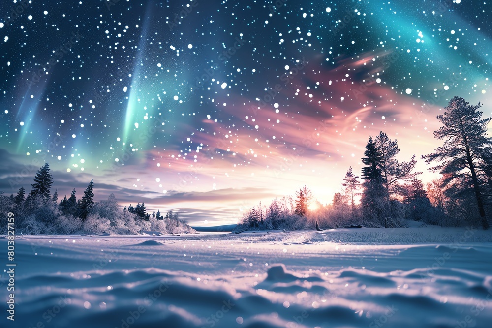 Vibrant stock photo of the Aurora Borealis with a galaxy backdrop, visible from a snowy landscape, showcasing natures cosmic dance