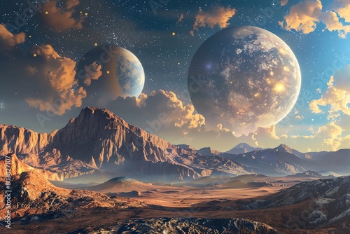 Ultrahigh resolution stock photo of an exoplanet landscape with two moons in the sky  envisioning alien worlds