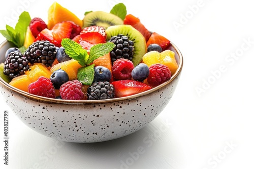 A  bowl of fresh fruit salad with a background of pure white. Generative Ai