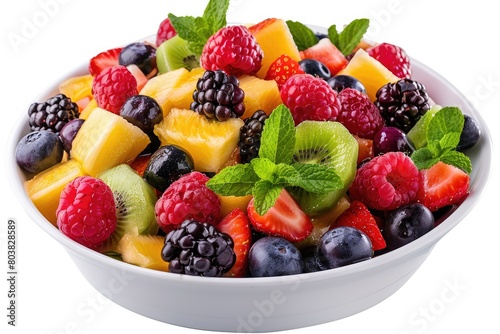 A  bowl of fresh fruit salad with a background of pure white. Generative Ai