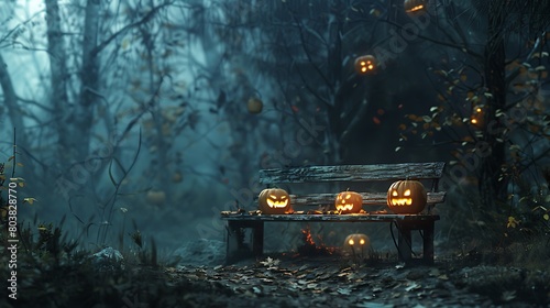 A chilling twilight scene in the woods, where the glow of malevolent Jack O' Lanterns illuminates a lone wooden bench, evoking a sense of dread on Halloween eve.