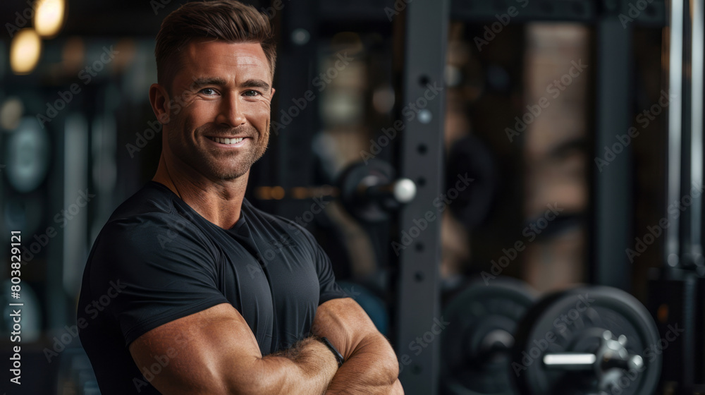 A muscular man in sportswear is smiling at the camera, standing with arms crossed and looking happy and confident inside the gym. A muscular man in sportswear is smiling at the camera, standing with arms crossed and looking happy and confident inside the gym.