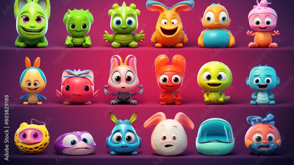 Collection of vibrant 3D avatars with adorable toyfaced animals performing dynamic activities set against a random spectrum of vivid colors Collection of vibrant 3D avatars with adorable toyfaced animals performing dynamic activities set against a random spectrum of vivid colors