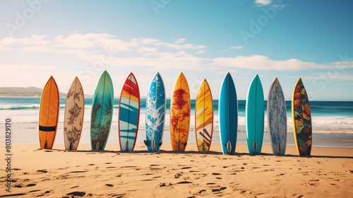 Closeup shot of vividly painted surfboards standing upright on a pristine beach with crystalclear waters and a bright sunny sky enhancing the cheerful mood