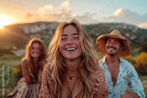 A woman laughs with friends in front of mountains at sunset, surrounded by nature and smiling faces.  © Duka Mer