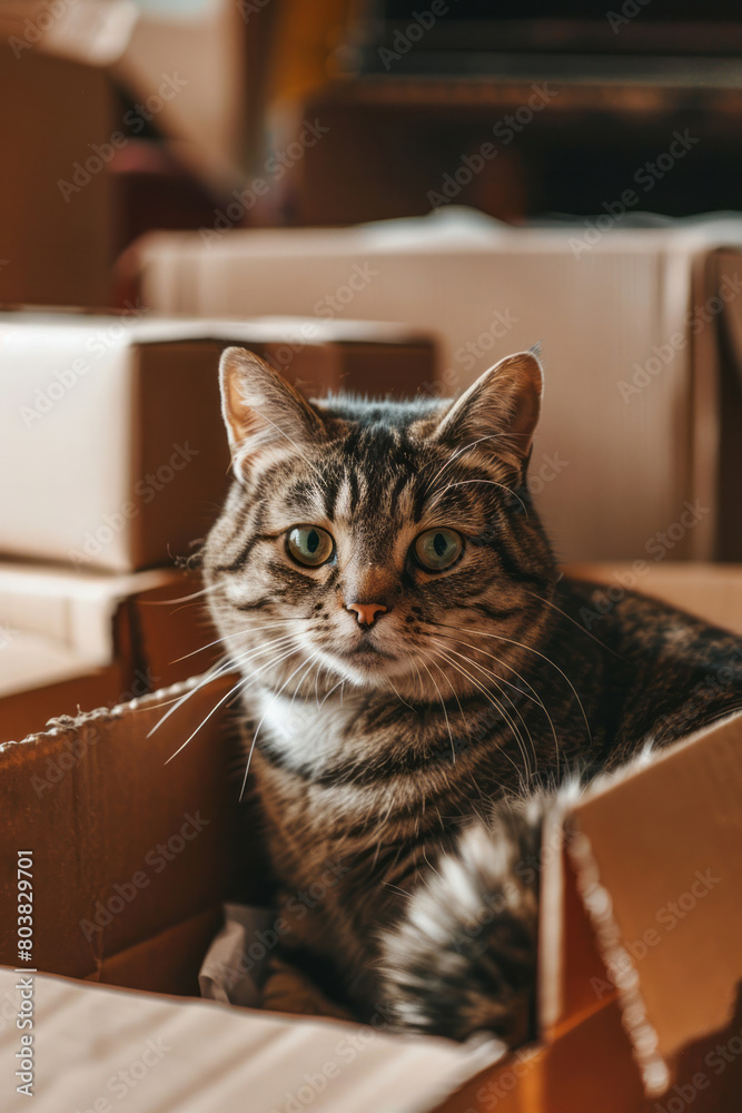 A cute cat is sitting in a cardboard box surrounded by moving boxes, looking at the camera. A cute cat is sitting in a cardboard box surrounded by moving boxes, looking at the camera.
