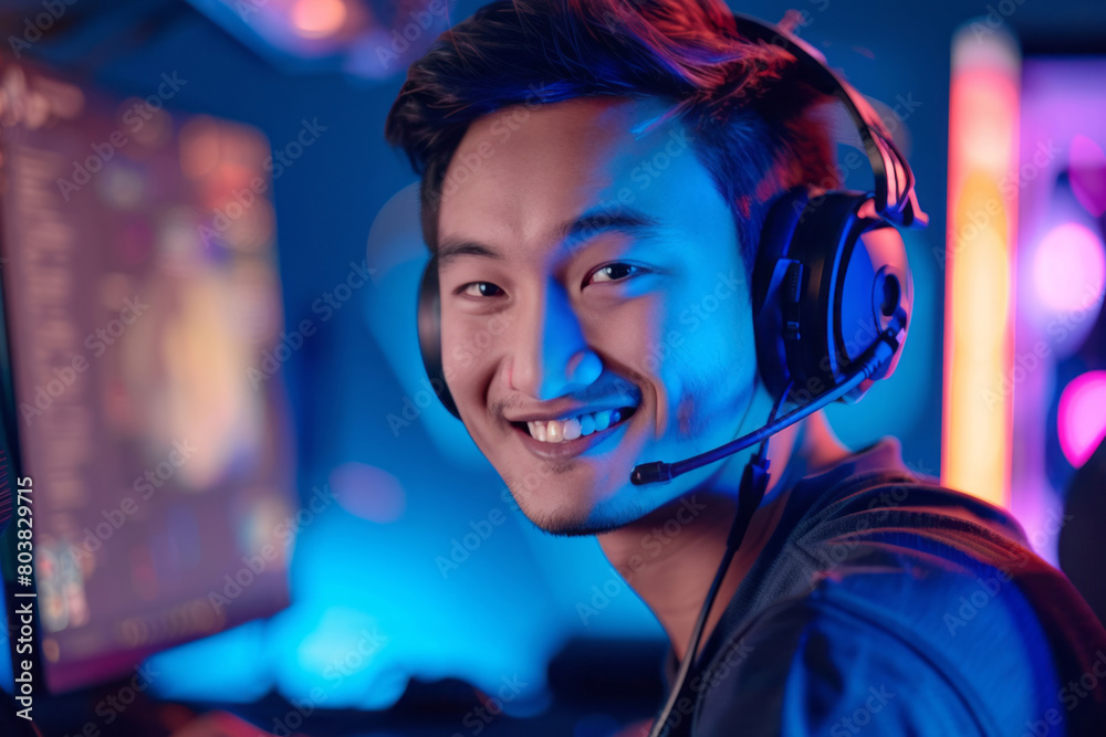 A smiling man in a headset is working at a computer in an office with a night light background. A smiling man in a headset is working at a computer in an office with a night light background.