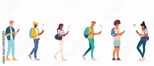 Illustration set people characters holding or using mobile phones isolated on white background