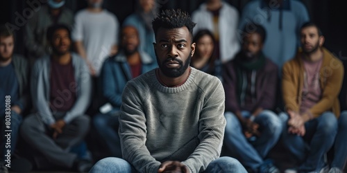 A black man with short hair and a beard, wearing jeans and a sweater, is sitting in the center of a therapy group looking sad. photo
