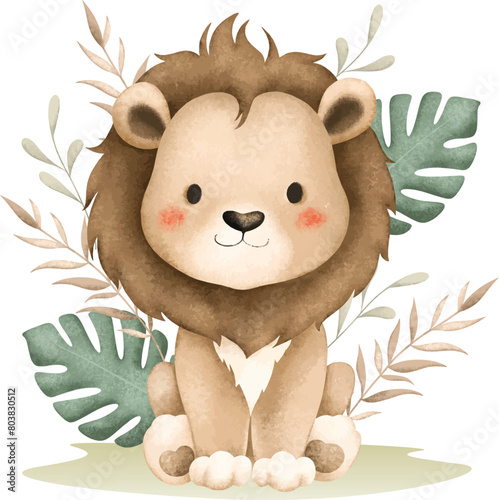 Watercolor Illustration Lion and Tropical Leaves photo