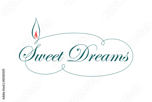 sweet dreams. text logo with candlelight in the cloud. elegant cursive. vector illustration. conceptual design element for blog, article. vintage image. decorative art. teal blue and red colors