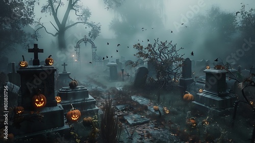 A foggy graveyard with jack-o -lanterns scattered among the tombstones and eerie whispers in the air