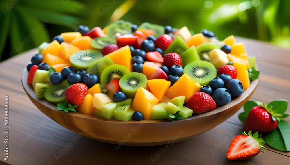 A bowl filled with a colorful fruit salad and green leaves in the background