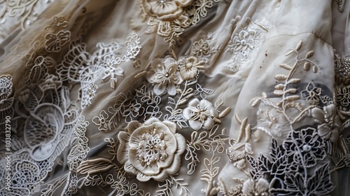 Intricate details and rich textures of vintage fabrics, such as embroidery, highlighting their timeless elegance © Cloudspit