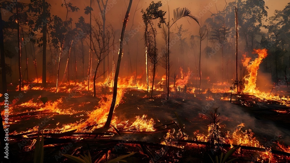 Obraz premium Forest fire danger due to climate change threatens wildlife in burnt areas . Concept Climate Change, Forest Fires, Wildlife Conservation, Environmental Threats, Ecosystem Disruption