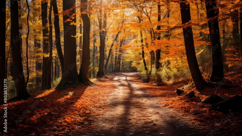 Autumn road in the forest with yellow leaves and trees in the background
