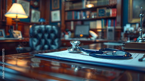 A stethoscope draped over the edge of a desk in a doctor's office symbolizes the weight of responsibility and the need for brief moments of respite on a busy day. photo