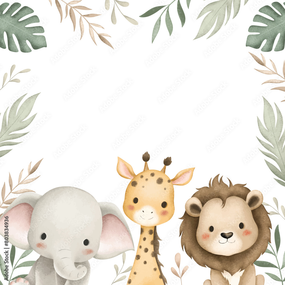 Obraz premium Watercolor Illustration Safari Animals and Tropical Leaves Border