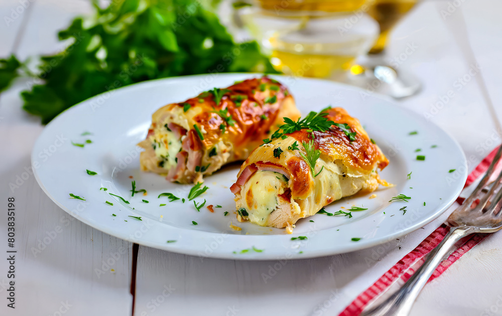 Pancakes stuffed with ham and cheese on a white plate. Pancakes stuffed with ham and cheese on a white plate.