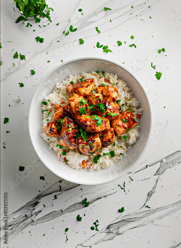 Chicken teriyaki with rice and parsley on white marble background