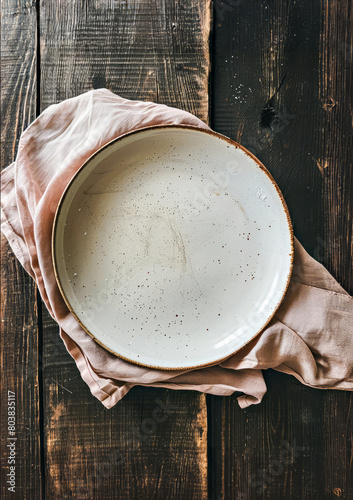 Empty plate and napkin on rustic wooden background, top view