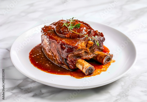 baked pork ribs with red sauce in white platele background