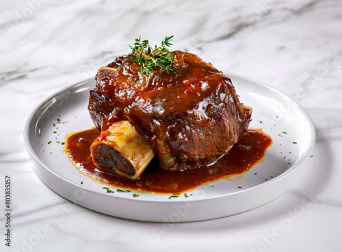 baked lamb ribs with sauce and thyme on a white plate