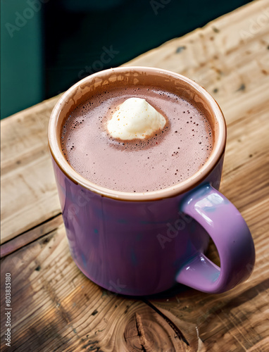 Hot chocolate with whipped cream in a purple mug on a wooden table