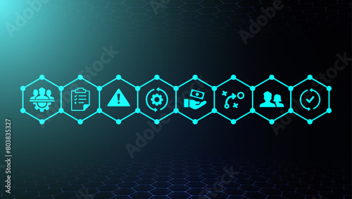 Business continuity concept icons, business peoples, management, warning, vector illustration, abstract background, disaster recovery, crisis management, risk mitigation, risk assessment, teamwork,  photo
