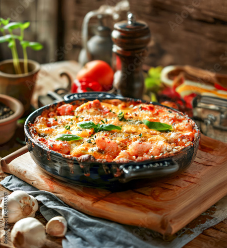 Baked salmon with mozzarella cheese and tomatoes in baking dish