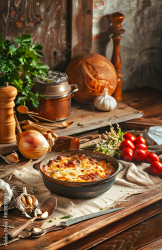 Potato casserole with meat, mushrooms and cheese on a wooden table